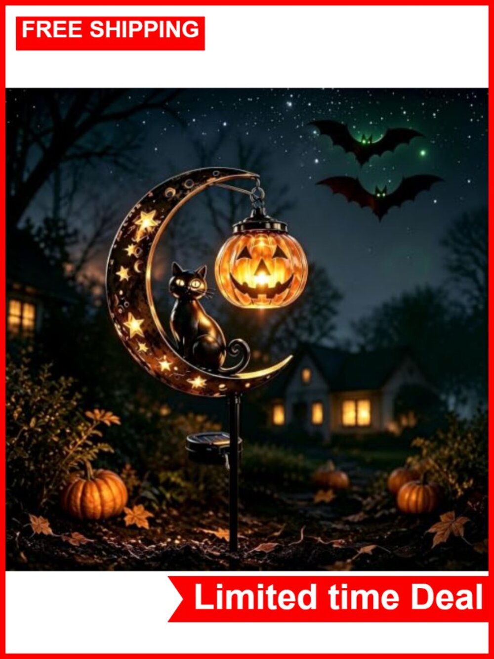 Solar Halloween Black Cat Moon Garden Stake Light, Waterproof Outdoor Decor